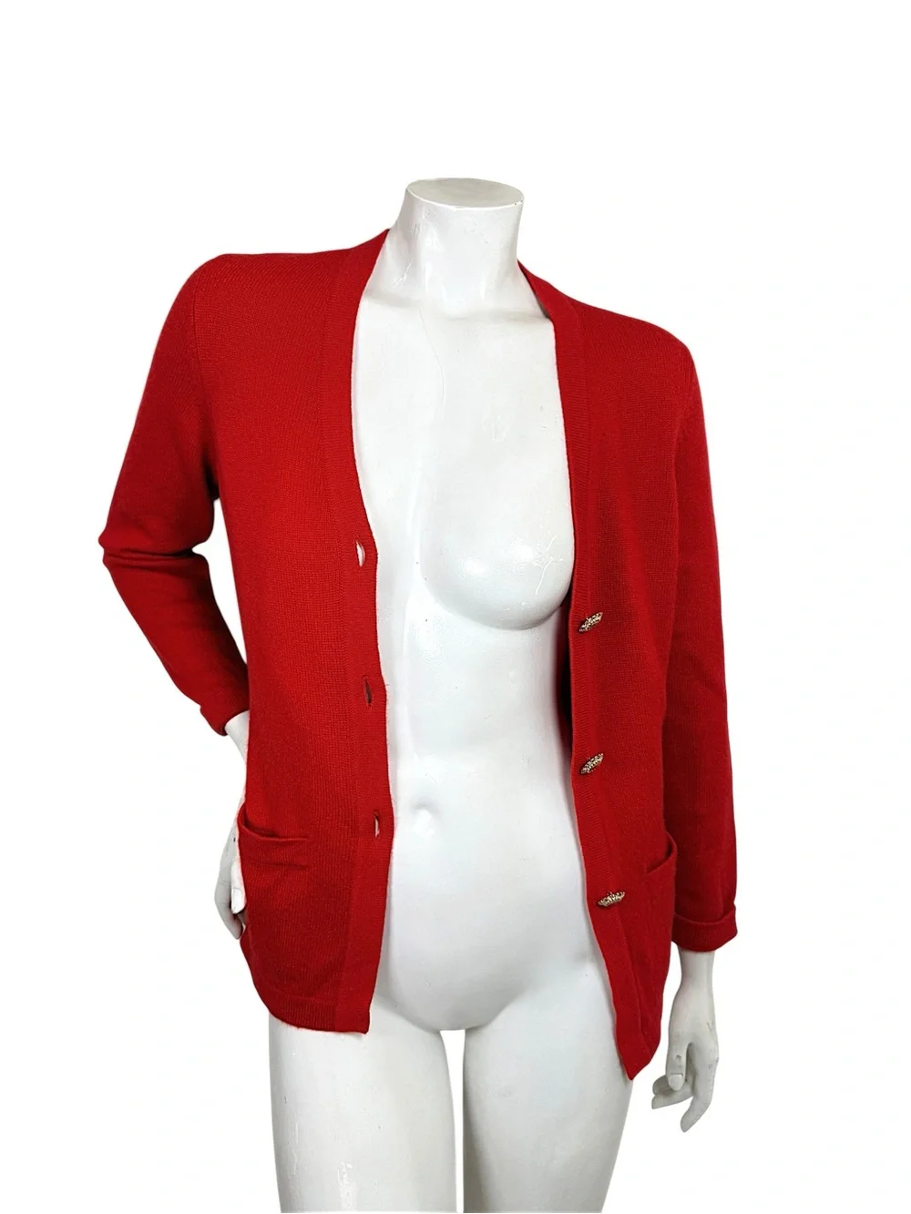 Vintage 90s Chanel Red Cashmere Cardigan Jeweled CC Buttons